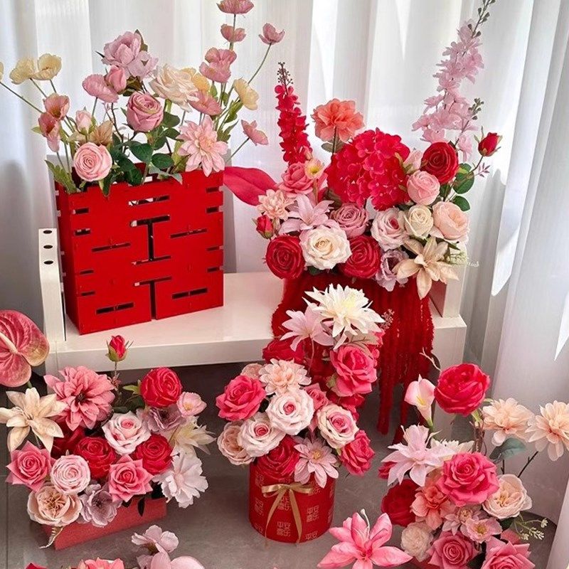 吾家婚品仿真花婚礼布置婚房床头装饰插花抱抱桶摆件结婚立体花束