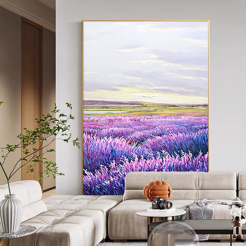 网红手油画薰衣草花海风景挂画入绘户玄关客厅廊竖版走装