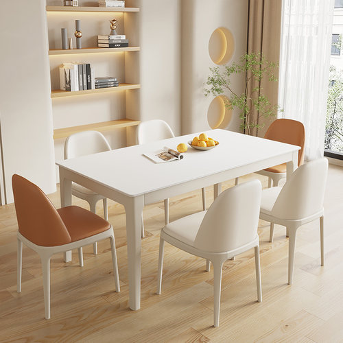 法式白色奶油风纯白岩板餐桌椅家用小户型长方形实木吃饭桌子