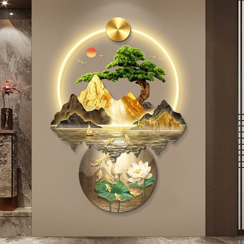 新中式九鱼图入户玄关装饰画带灯迎客松挂画竖版走廊过道山水壁画