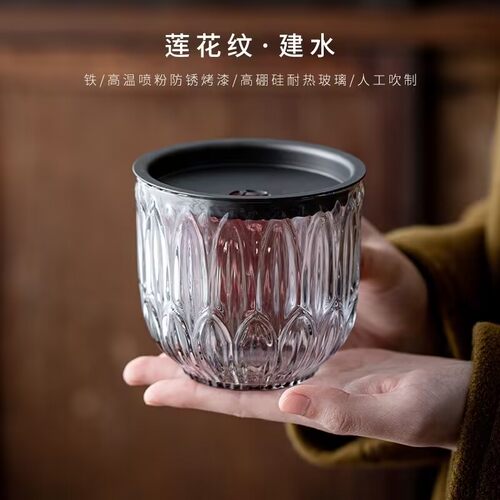 创意小号玻璃建水家用茶渣缸带盖过滤废水桶茶洗茶缸水盂茶具配件