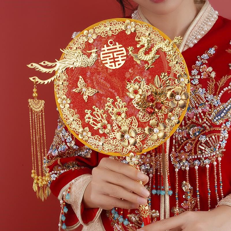 新娘结婚团扇秀禾服迎亲中式出嫁遮面双面扇子手工喜扇成品圆婚扇