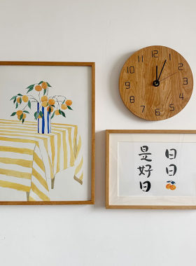 原木风橙子花照片墙日日是好日组合画实木挂钟饭厅有框画客厅壁画