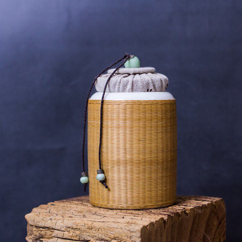 瓷胎竹编白瓷茶叶罐竹丝扣瓷绿茶罐竹丝编普洱储存罐手工非遗竹编