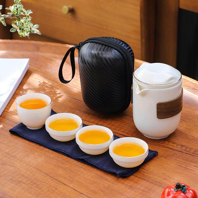 旅行茶具便携户外泡茶套装 白陶羊脂玉瓷防烫收纳快客杯 一壶四杯