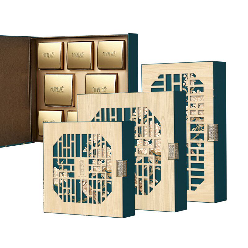 木纹花窗金扣蓝色酒店中秋月饼包装盒4粒6粒8粒流专版公版定制LOG