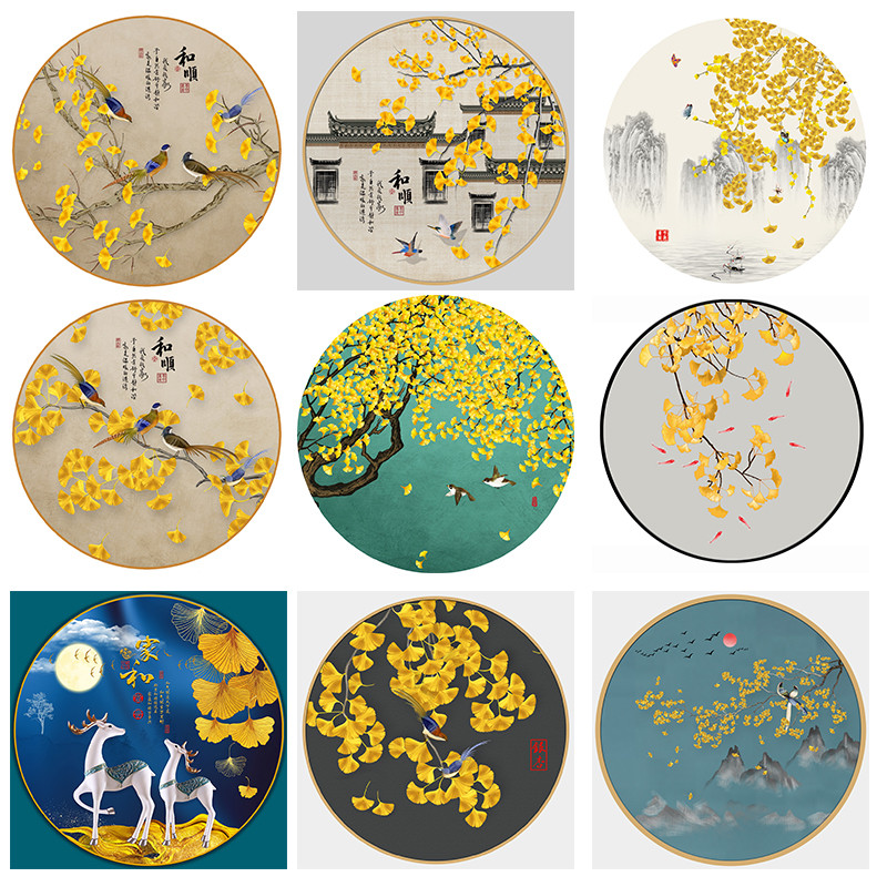 圆形金色银杏叶麋鹿入户玄关挂画客厅晶瓷画餐厅过道墙面壁画布画