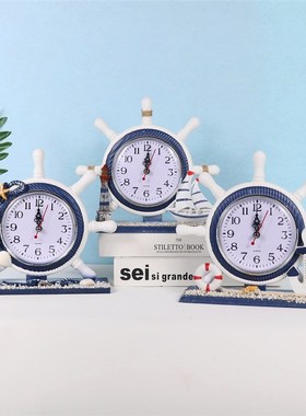 地中海木质静音钟表客厅摆件航海舵手灯塔座钟儿童房独特桌面台钟