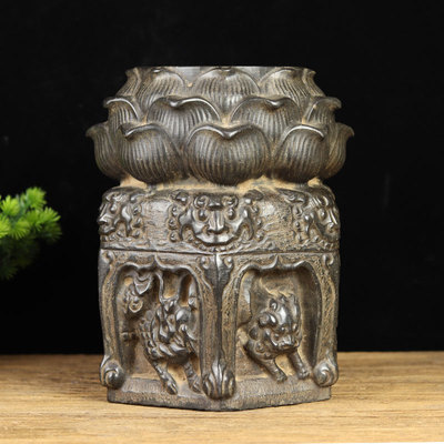 中式复古青石雕刻摆件 莲花兽头石鼓墩 花盆底座石柱老石头旧石墩