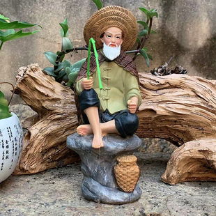 姜太公钓鱼摆件鱼缸鱼池水塘造景饰品橱窗玄关办公桌茶宠树脂艺品