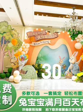 兔宝宝周岁宴百天百日宴布置气球装饰男女孩仪式感场景背景墙kt板