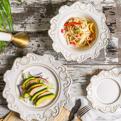 法式浮雕藤蔓陶瓷餐具盘西餐盘餐碟沙拉碗汤碗古典做旧复古家用