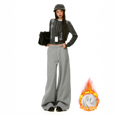 JWUW美式复古休闲风高腰秋冬纯色阔腿裤休闲裤卫裤针织绒裤显瘦