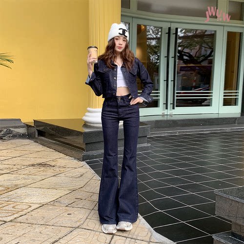 JWUW春夏弹力翻领长袖短款牛仔上衣套装女显瘦喇叭牛仔裤两件套