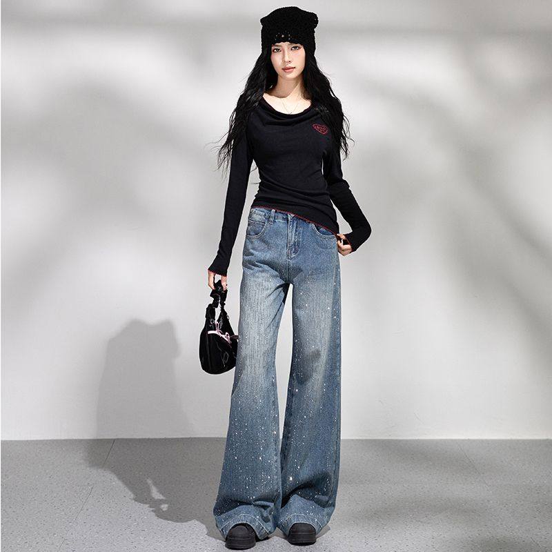 JWUW春季新款烫钻复古蓝细闪钻高腰牛仔裤女简约宽松阔腿休闲长裤,女装/女士精品,牛仔裤,淘宝优惠券,粉丝福利购,淘宝优惠卷