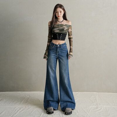 秋冬加绒显瘦阔腿拖地牛仔裤