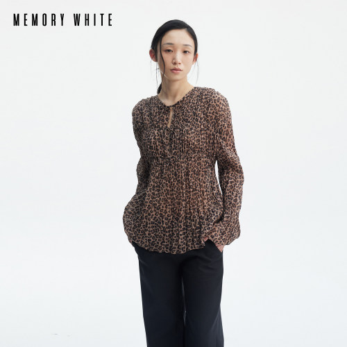 MEMORY WHITE亲肤感法式慵懒风系带抓皱100%苎麻豹纹上衣/半裙