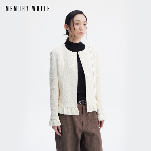 MEMORY WHITE高级感法式四面弹泡泡极简浪漫荷叶边小香风圆领外套
