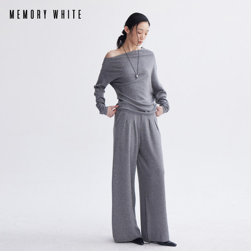 MEMORY WHITE 韩系休闲羊毛极简一字肩不对称上衣阔腿裤针织套装