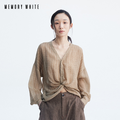 MEMORY WHITE设计感显瘦防晒桑蚕丝松弛小格扭结长袖罩衫上衣夏季