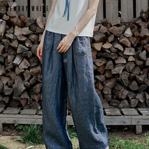 MEMORYWHITE进口汉麻 DENIM PANTS 新款宽松阔腿牛仔麻料裤子女