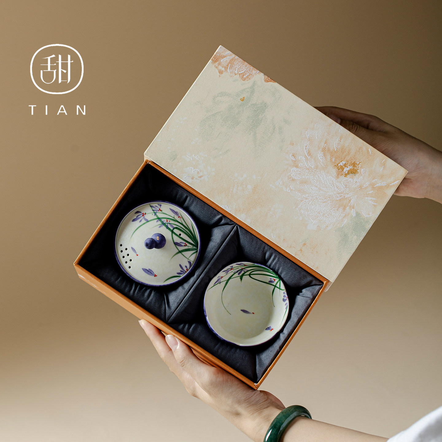 手绘陶瓷一人饮旅行茶具收纳盒