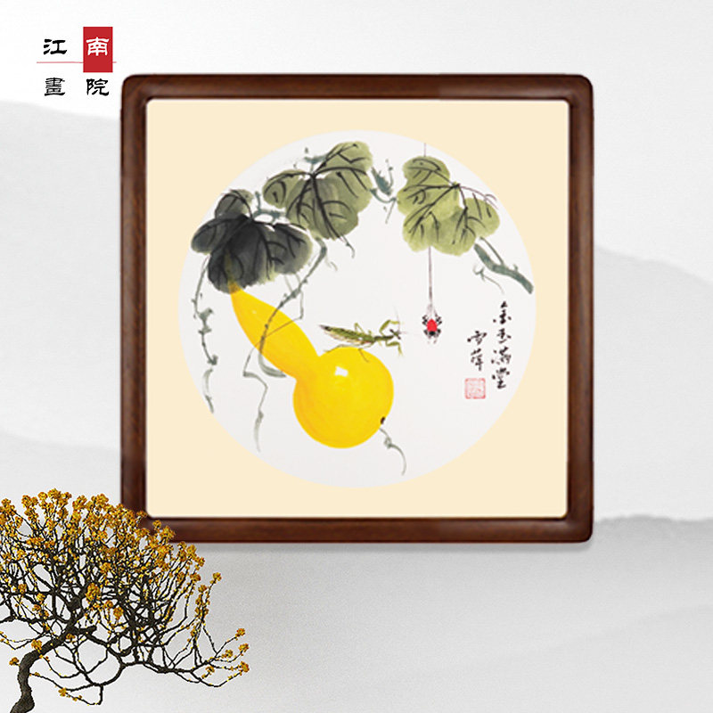 葫芦画福禄斗方手绘国画柿子事事如意玄关挂画装饰画饭厅画花鸟画