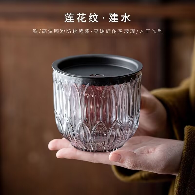 创意小号玻璃建水家用茶渣缸带盖过滤废水桶茶洗茶缸水盂茶具配件