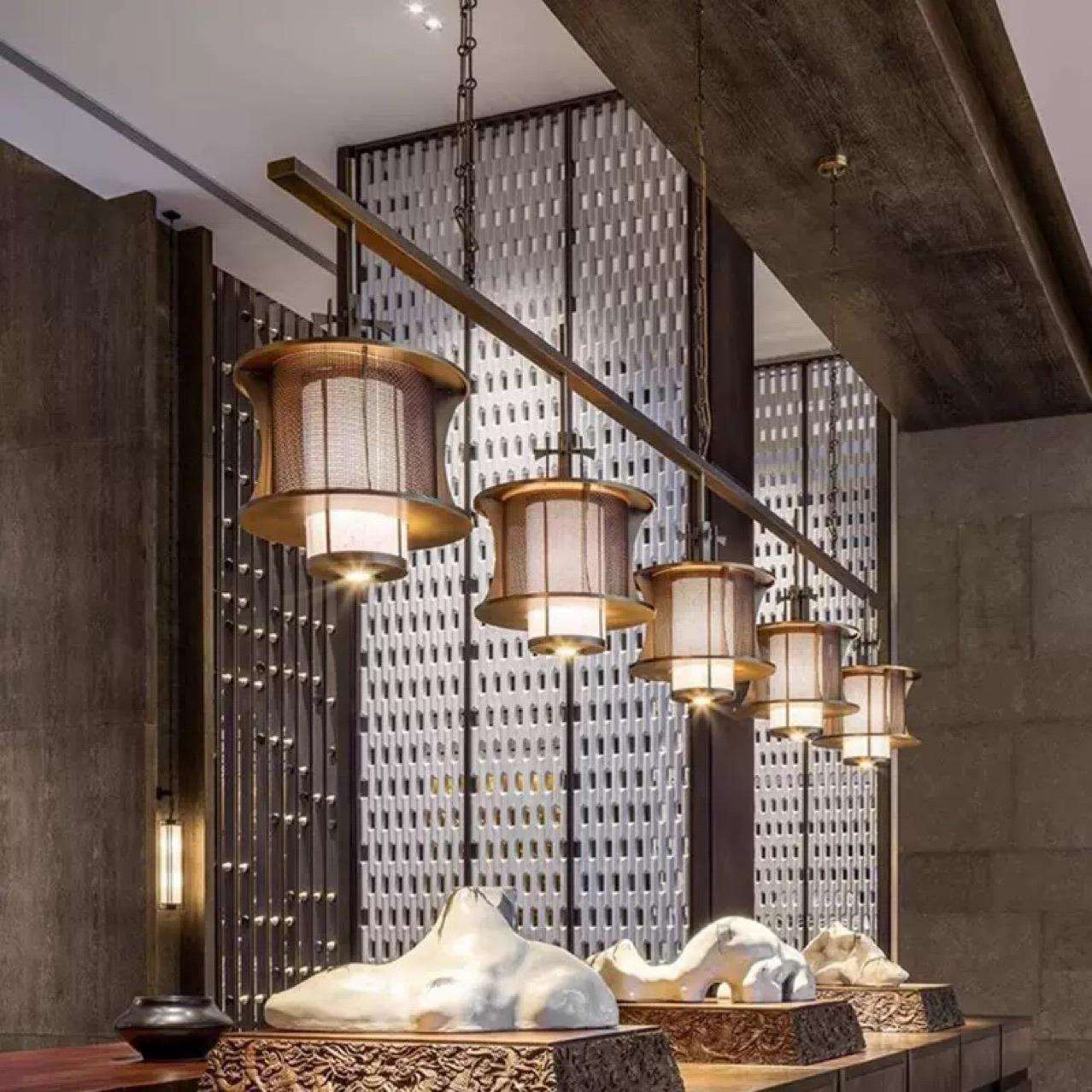 新中式酒店前台餐厅吧台吊灯工程现代简约创意复古金属网布艺灯具