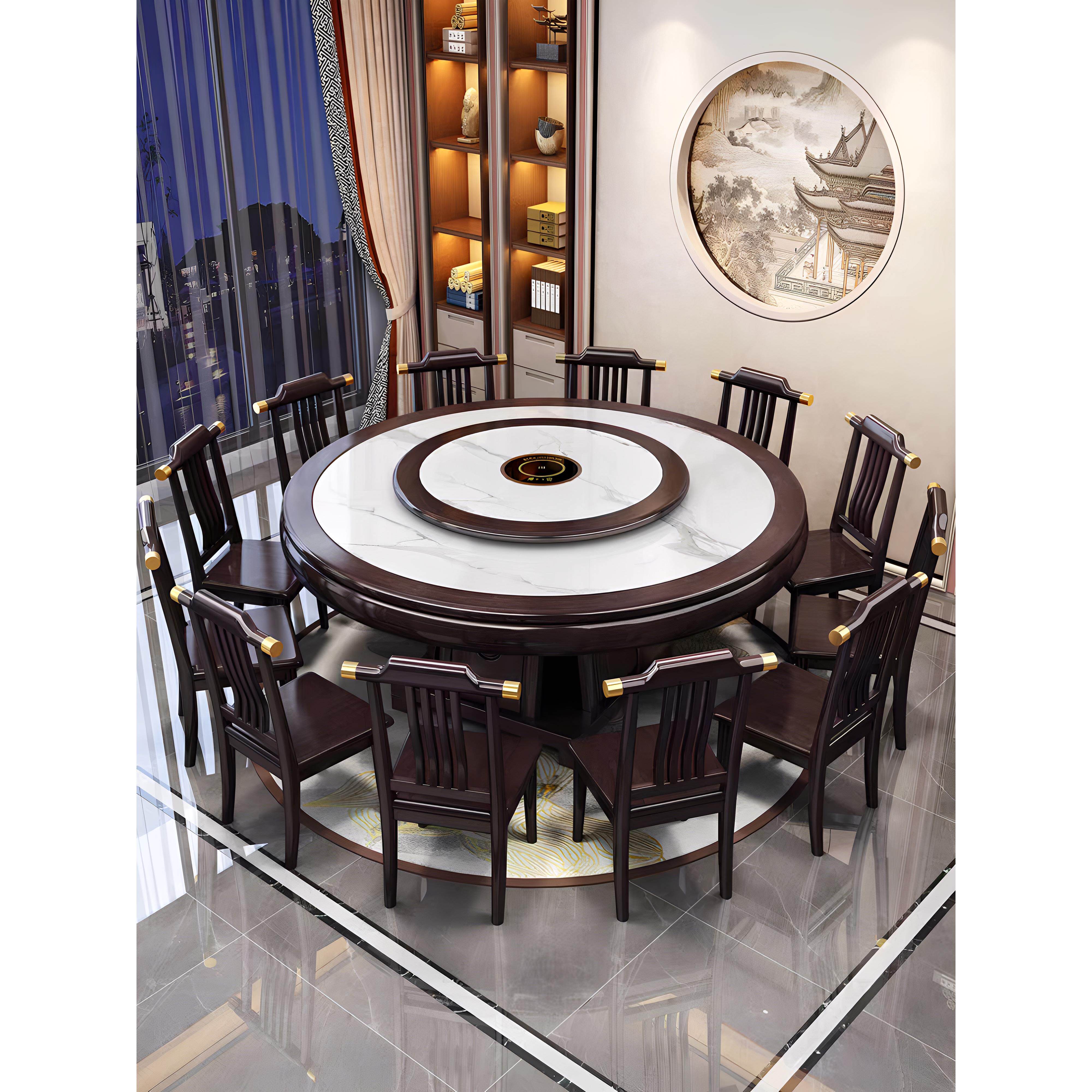 实木餐桌新中式圆形岩板电磁炉火锅饭桌家用饭店大圆桌2m吃饭桌子