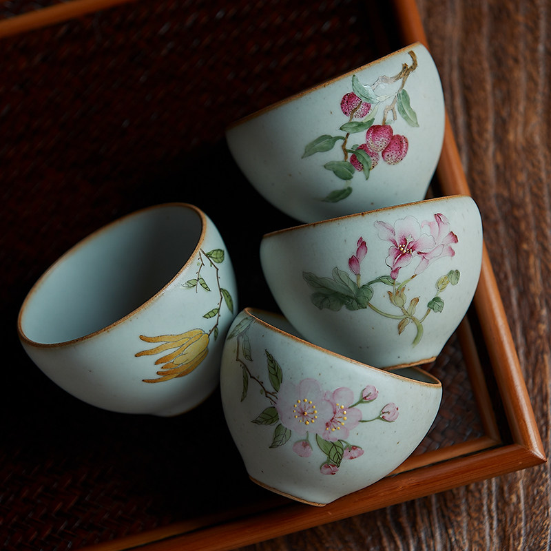 梵悦纯手绘花卉古朴桃花佛手茶杯陶瓷主人品茗杯功夫茶具粗陶单杯