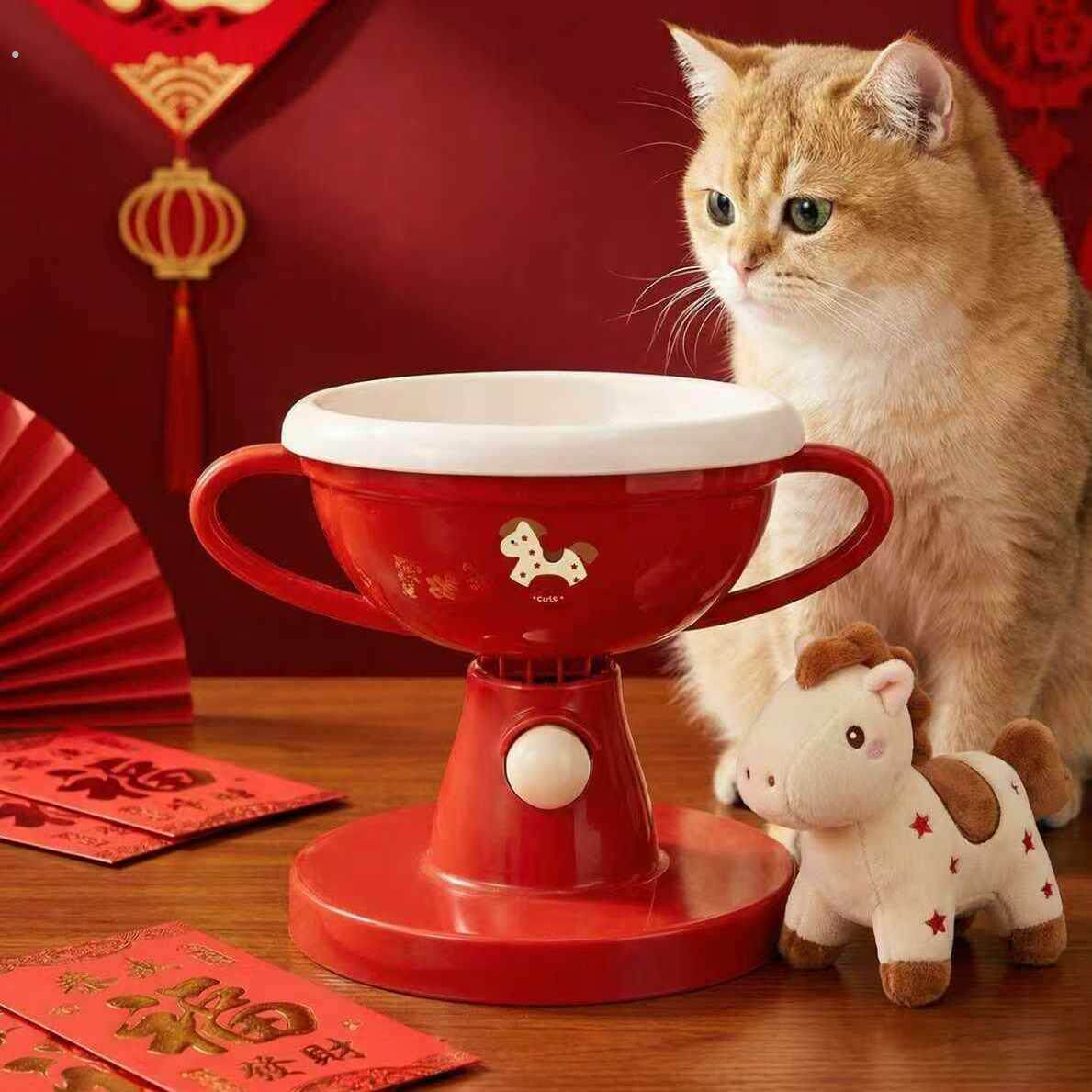 新年奖杯宠物碗家用猫碗水碗陶瓷两用可升降调节角度可爱宠物碗