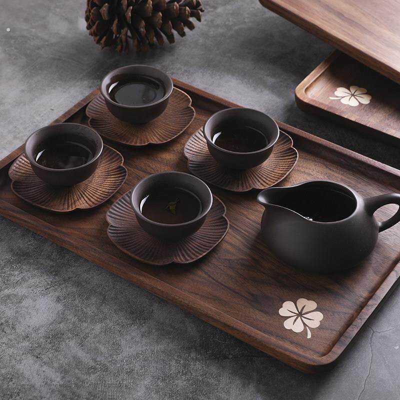 黑胡桃木制四叶草杯垫 日式创意设计家用隔热杯托 茶道专用配件