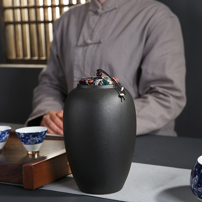复古黑陶茶叶罐大号一斤装粗陶醒茶罐陶瓷茶仓普洱密封罐家用摆设
