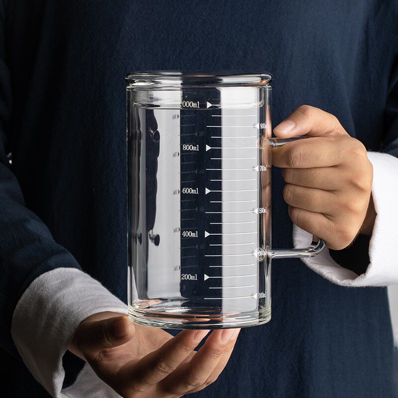 水杯1000ml大号玻璃杯带盖把手茶杯刻度啤酒杯办公室马克喝水杯子