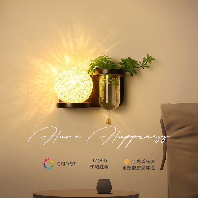 索燕中古风壁灯实木卧室床头灯创意绿植走廊过道墙灯拉线开关中式