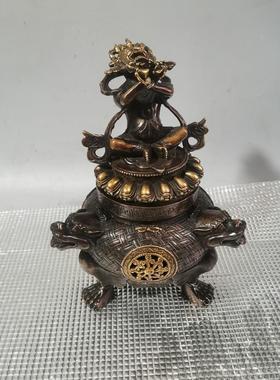 做旧藏传护法铜器香薰炉摆件古玩收藏家用摆设鎏金铜香炉工艺
