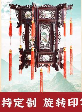 六角实木仿古羊皮灯笼宫灯白色山水画木质灯笼茶馆阳台酒店灯现货