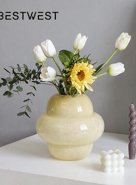 博西家居 奶黄色中古风玻璃花瓶摆件 ins软装高级感家居客厅花器