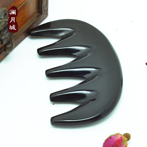 澜月城 天然黑牛角五齿经络梳子 加厚 头部按摩梳大齿宽