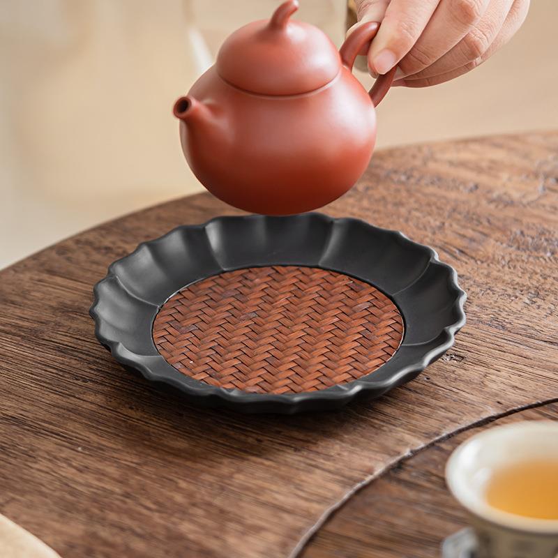 电木嵌竹编壶承干泡台家用盖碗茶壶养壶托盘茶杯隔热垫零配件