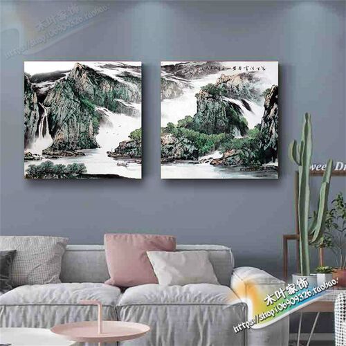 中式古典壁画水墨山水茶楼无框装饰画办公室挂画客厅背景墙画双联