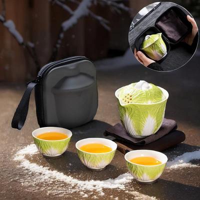 创意白菜百财纳福旅行茶具套装陶瓷三杯户外快客杯创意便携式随身