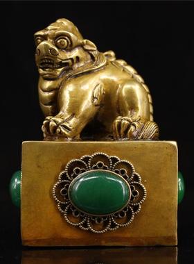 仿古做旧黄铜貔貅印章手工打造镶嵌宝石家居办公工艺品收藏摆件