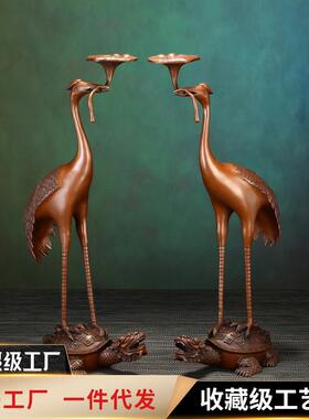 紫铜灵芝龟鹤落地摆件家居办公室铜鹤工艺品客厅公司装饰摆设手工