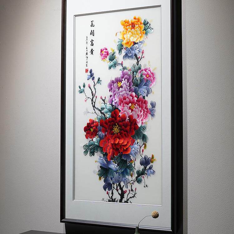 苏绣成品挂画玄关客厅竖版牡丹图新中式苏州纯手工刺绣湘绣装饰画