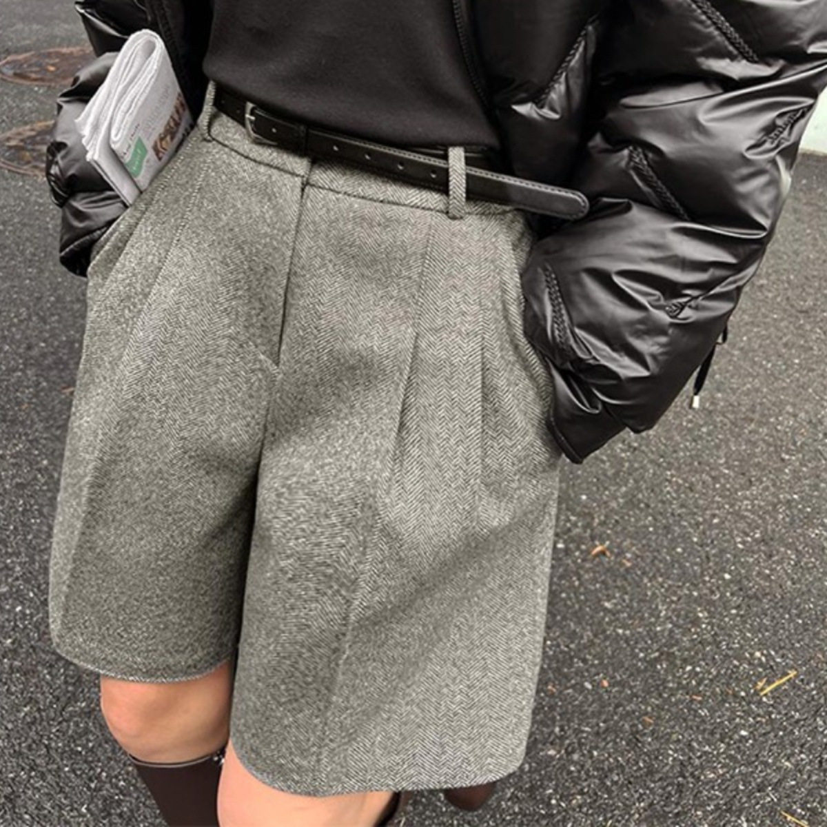 美式毛呢短裤女秋冬2025新款高腰外穿五分裤小个子a字版阔腿裤子
