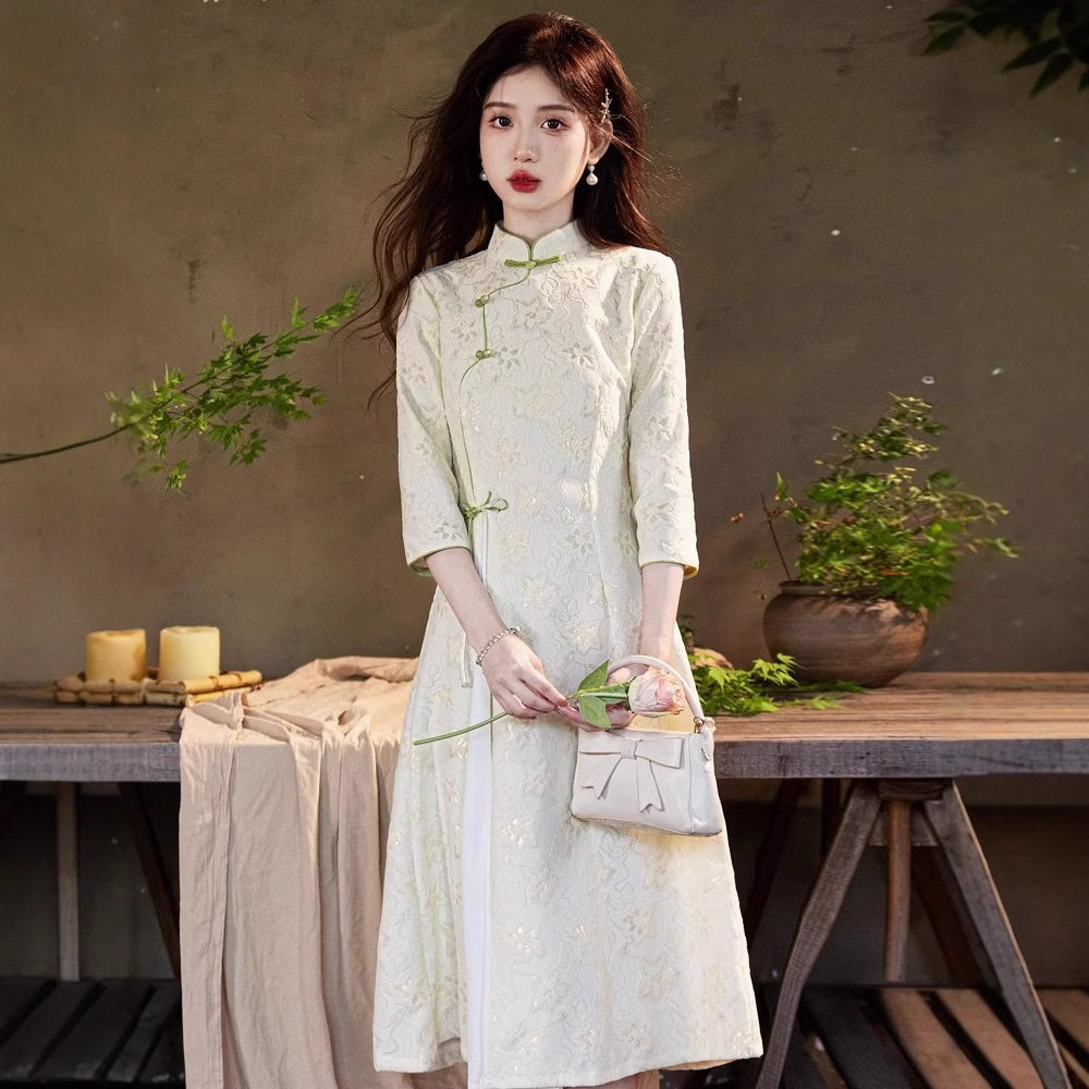 奥黛旗袍2025秋冬季女装新中式订婚礼服国风连衣裙小个子长袖茶服
