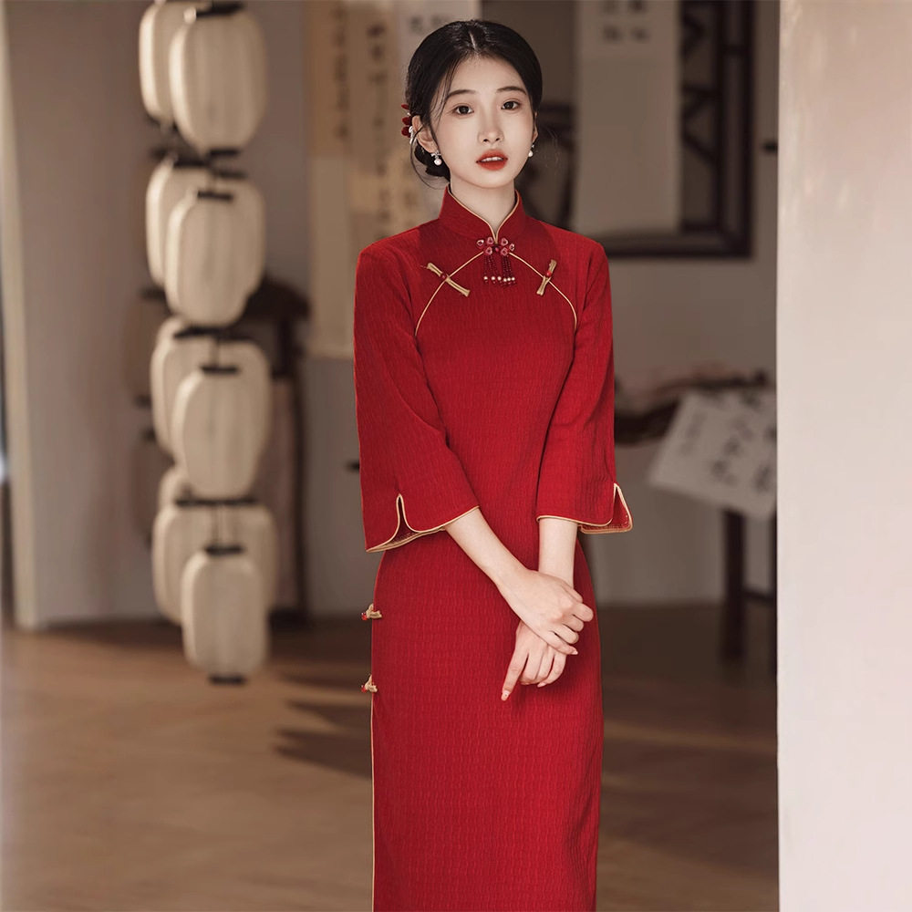 红色长袖旗袍敬酒服新中式2025新款订婚晨袍改良版年轻款少女回门