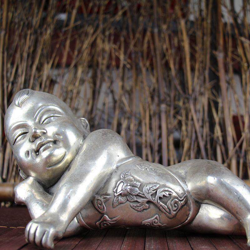 古玩杂项仿古铜器白铜书房居家摆件工艺品躺睡肚兜小孩儿